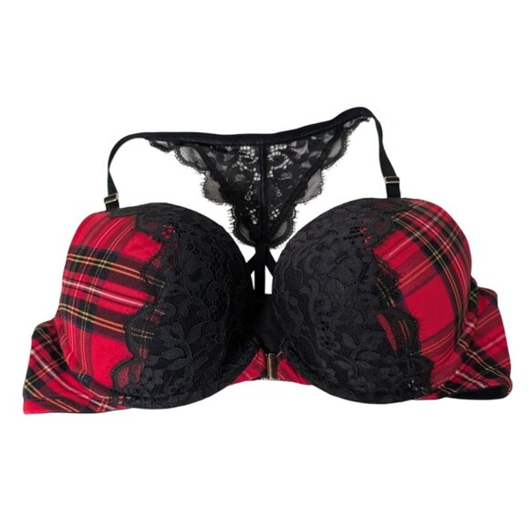 Cacique Lace Boost Plunge Bra Womens Size 42C Red Plaid Front Closure Stretch - Picture 1 of 9